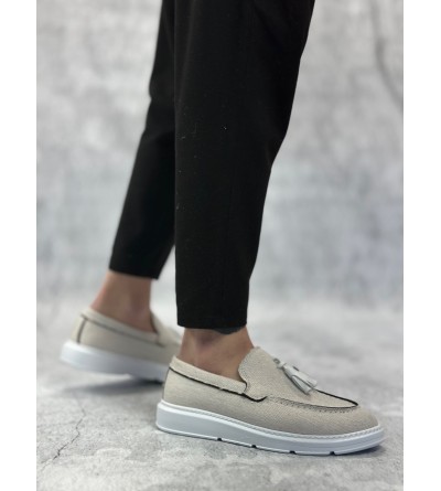 BA0005 Bağcıksız Yüksek Taban Klasik Keten Beyaz Püsküllü Erkek Ayakkabı