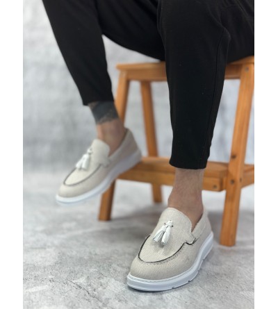 BA0005 Bağcıksız Yüksek Taban Klasik Keten Beyaz Püsküllü Erkek Ayakkabı