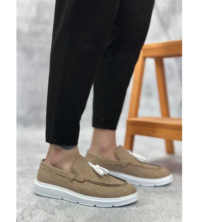 BA0005 Bağcıksız Yüksek Taban Klasik Keten Hardal Püsküllü Erkek Ayakkabı