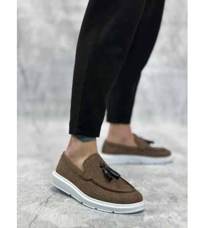 BA0005 Bağcıksız Yüksek Taban Klasik Keten Kahverengi Püsküllü Erkek Ayakkabı