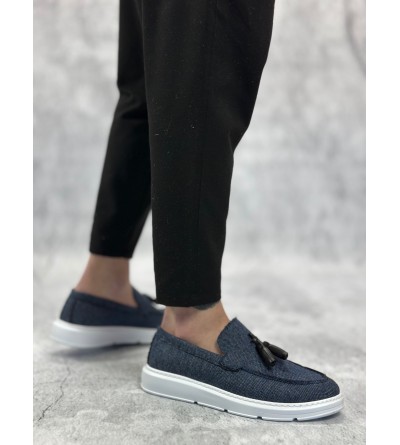 BA0005 Bağcıksız Yüksek Taban Klasik Keten Lacivert Püsküllü Erkek Ayakkabı