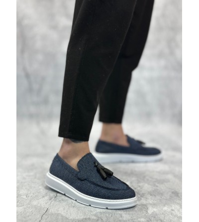 BA0005 Bağcıksız Yüksek Taban Klasik Keten Lacivert Püsküllü Erkek Ayakkabı