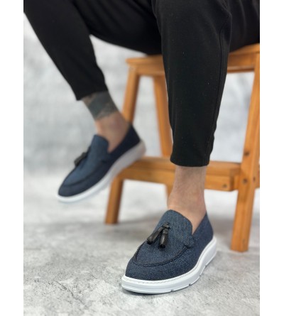 BA0005 Bağcıksız Yüksek Taban Klasik Keten Lacivert Püsküllü Erkek Ayakkabı