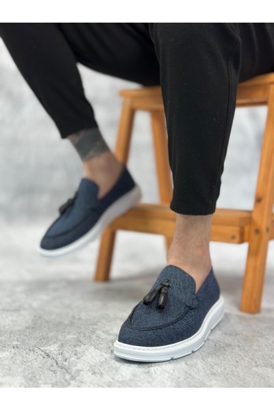 BA0005 Bağcıksız Yüksek Taban Klasik Keten Lacivert Püsküllü Erkek Ayakkabı