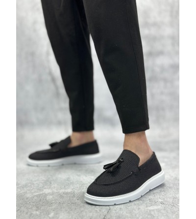 BA0005 Bağcıksız Yüksek Taban Klasik Keten Siyah Püsküllü Erkek Ayakkabı