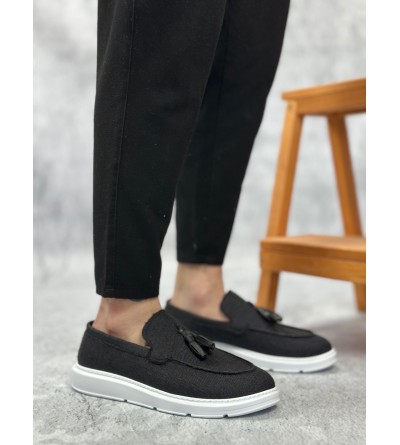 BA0005 Bağcıksız Yüksek Taban Klasik Keten Siyah Püsküllü Erkek Ayakkabı