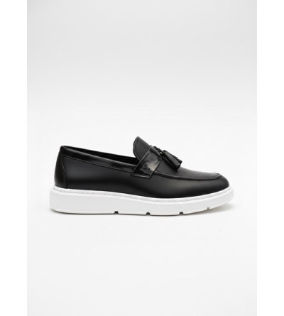 BA0005 Bağcıksız Yüksek Taban Klasik Püsküllü Corcik Erkek Ayakkabı Siyah Beyaz