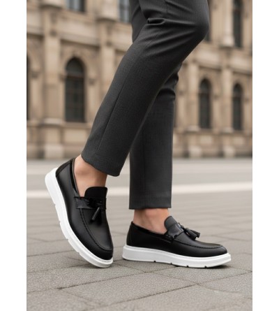 BA0005 Bağcıksız Yüksek Taban Klasik Püsküllü Corcik Erkek Ayakkabı Siyah Beyaz