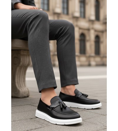 BA0005 Bağcıksız Yüksek Taban Klasik Püsküllü Corcik Erkek Ayakkabı Siyah Beyaz