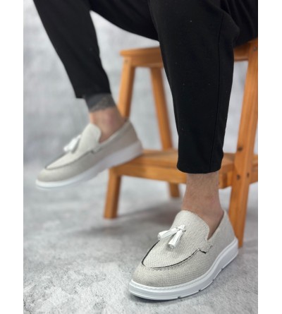 BA0005 Bağcıksız Yüksek Taban Klasik Yeni Keten Gri Püsküllü Erkek Ayakkabı