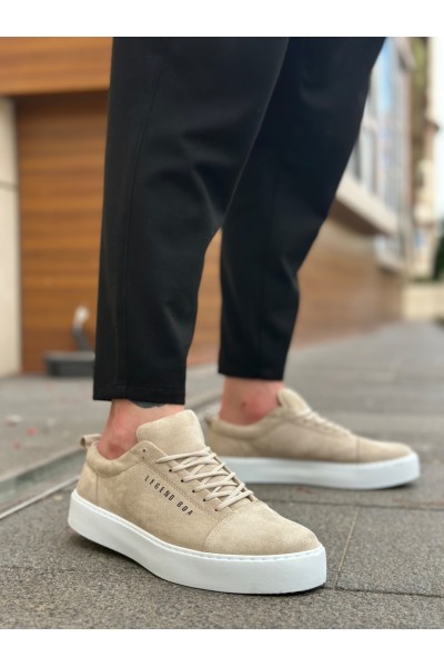 BA0104 Bağcıklı Krem Süet Beyaz Taban Spor Klasik Erkek Ayakkabı