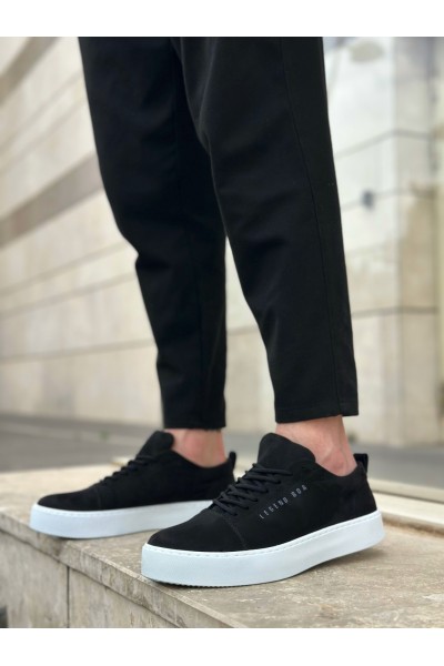 BA0104 Bağcıklı Siyah Süet Beyaz Taban Spor Klasik Erkek Ayakkabı