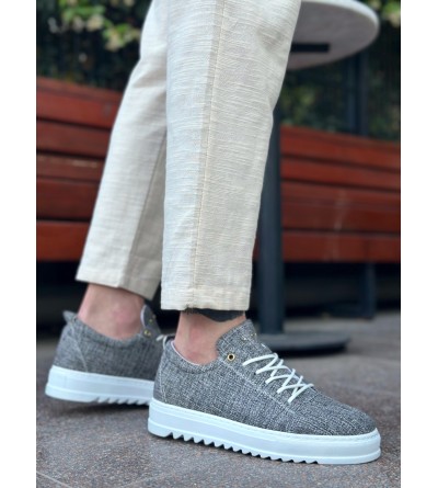 BA0152 Bağcıklı Yüksek Taban Gri Kırçıllı Keten Erkek Ayakkabı