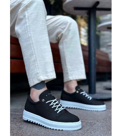 BA0152 Bağcıklı Yüksek Taban Siyah Keten Erkek Ayakkabı