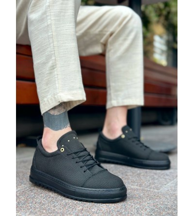 BA0152 Bağcıklı Yüksek Taban Siyah Keten Siyah Taban Erkek Ayakkabı