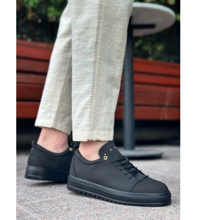 BA0152 Bağcıklı Yüksek Taban Siyah Keten Siyah Taban Erkek Ayakkabı