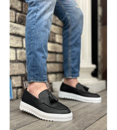 BA0154 Bağcıksız Yüksek Taban Cilt Siyah Renk Beyaz Taban Püsküllü Erkek Ayakkabı BA0154 Bağcıksız Yüksek Taban Cilt Siyah Renk Beyaz Taban Püsküllü Erkek Ayakkabı