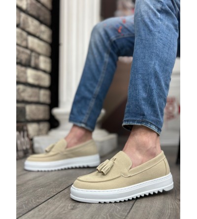 BA0154 Bağcıksız Yüksek Taban Keten Krem Renk Püsküllü Erkek Ayakkabı BA0154 Bağcıksız Yüksek Taban Keten Krem Renk Püsküllü Erkek Ayakkabı