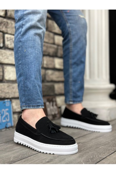 BA0154 Bağcıksız Yüksek Taban Süet Siyah Renk Beyaz Taban Püsküllü Erkek Ayakkabı BA0154 Bağcıksız Yüksek Taban Süet Siyah Renk Beyaz Taban Püsküllü Erkek Ayakkabı