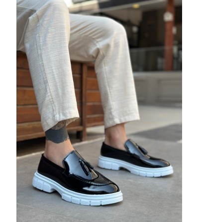 BA0240 Yüksek Taban Klasik Parlak Püsküllü Rugan Siyah Erkek Ayakkabı	