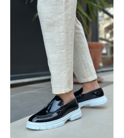 BA0240 Yüksek Taban Klasik Parlak Püsküllü Rugan Siyah Erkek Ayakkabı	