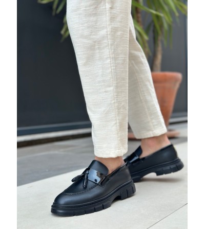 BA0240 Yüksek Taban Klasik Parlak Püsküllü Siyah Taban Erkek Ayakkabı