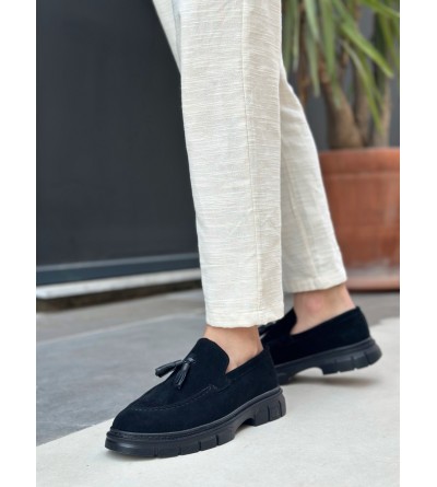 BA0240 Yüksek Taban Klasik Parlak Püsküllü Süet Siyah Erkek Ayakkabı	