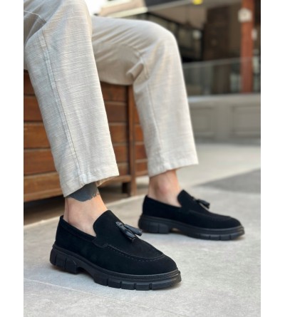 BA0240 Yüksek Taban Klasik Parlak Püsküllü Süet Siyah Erkek Ayakkabı	