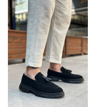 BA0240 Yüksek Taban Klasik Parlak Püsküllü Süet Siyah Erkek Ayakkabı	