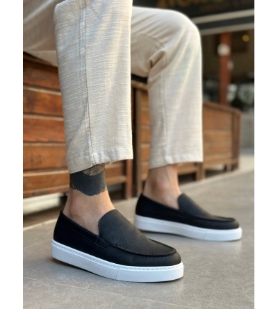 BA0241 Bağcıksız Yüksek Taban Siyah Beyaz Taban Cilt Erkek Ayakkabı