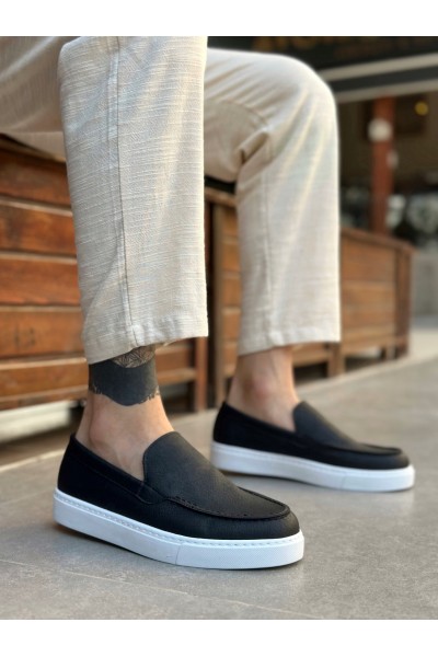 BA0241 Bağcıksız Yüksek Taban Siyah Beyaz Taban Cilt Erkek Ayakkabı