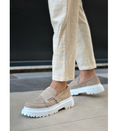 BA0242 Tokalı Klasik Yüksek Taban Krem Süet Erkek Ayakkabı