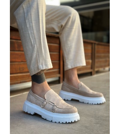 BA0242 Tokalı Klasik Yüksek Taban Krem Süet Erkek Ayakkabı