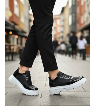 BA0243 Bağcıklı Rugan Paraşüt Detaylı Yüksek Taban Siyah Erkek Ayakkabı