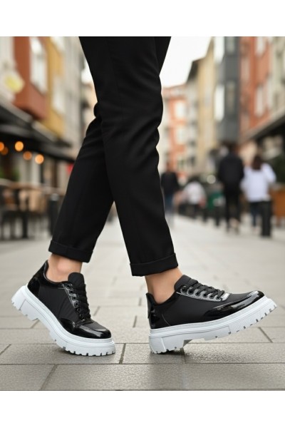 BA0243 Bağcıklı Rugan Paraşüt Detaylı Yüksek Taban Siyah Erkek Ayakkabı