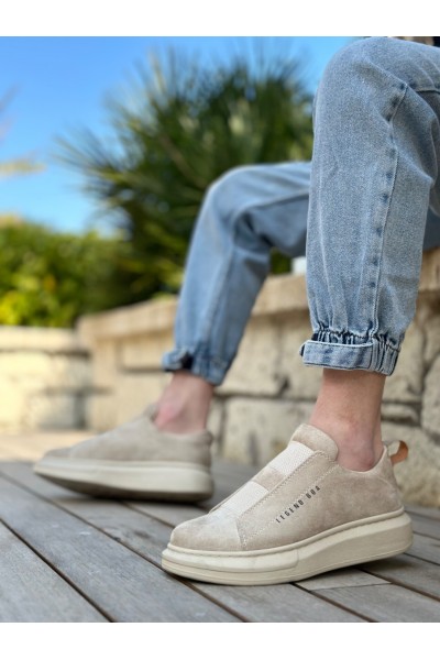 BA0307 BOA Kalın Süet Yüksek Taban Çift Bant Bej Erkek Ayakkabı