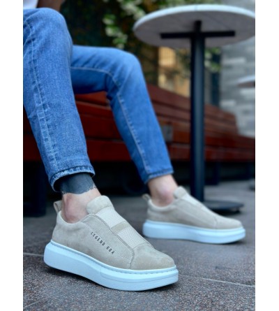 BA0307 BOA Kalın Süet Yüksek Taban Çift Bant Krem Erkek Ayakkabı