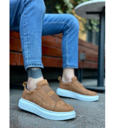 BA0307 BOA Kalın Süet Yüksek Taban Çift Bant Taba Beyaz Erkek Ayakkabı