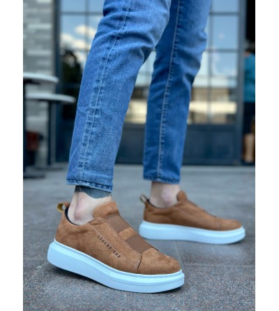 BA0307 BOA Kalın Süet Yüksek Taban Çift Bant Taba Beyaz Erkek Ayakkabı