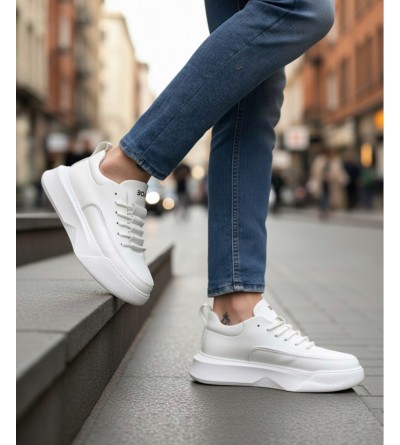 BA0332 Merdiven Desen Bağcıklı Erkek Yüksek Taban Beyaz Cilt Spor Ayakkabı