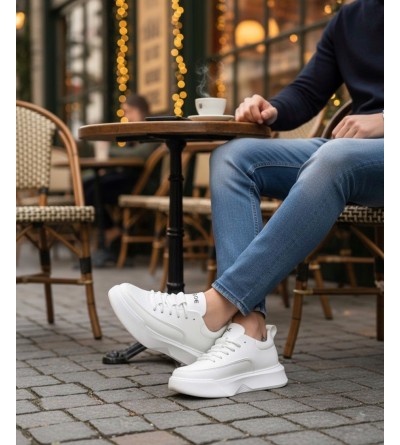 BA0332 Merdiven Desen Bağcıklı Erkek Yüksek Taban Beyaz Cilt Spor Ayakkabı