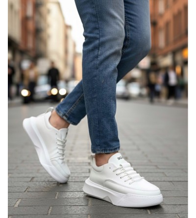 BA0332 Merdiven Desen Bağcıklı Erkek Yüksek Taban Beyaz Cilt Spor Ayakkabı