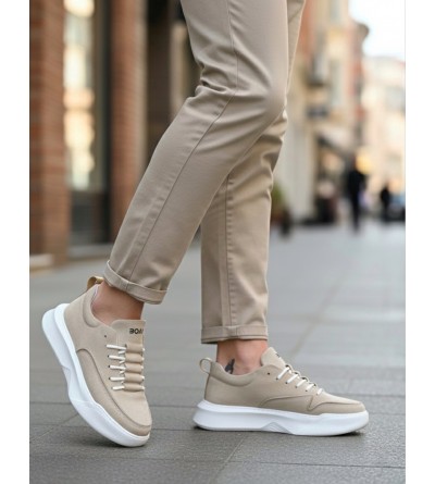 BA0332 Merdiven Desen Bağcıklı Erkek Yüksek Taban Krem Süet Spor Ayakkabı