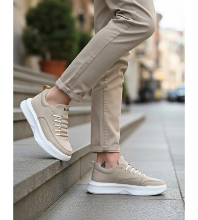 BA0332 Merdiven Desen Bağcıklı Erkek Yüksek Taban Krem Süet Spor Ayakkabı