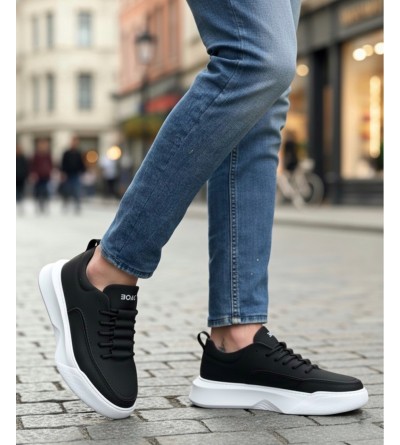 BA0332 Merdiven Desen Bağcıklı Erkek Yüksek Taban Siyah Cilt Beyaz Taban Spor Ayakkabı