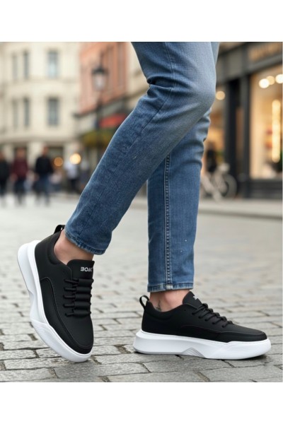 BA0332 Merdiven Desen Bağcıklı Erkek Yüksek Taban Siyah Cilt Beyaz Taban Spor Ayakkabı