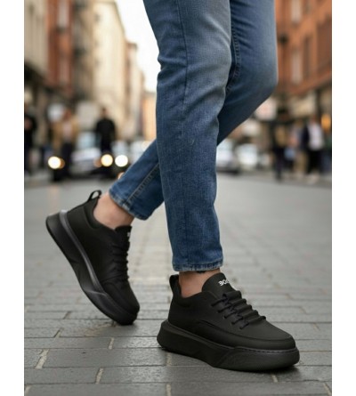 BA0332 Merdiven Desen Bağcıklı Erkek Yüksek Taban Siyah Cilt Siyah Taban Spor Ayakkabı