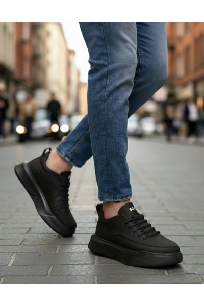 BA0332 Merdiven Desen Bağcıklı Erkek Yüksek Taban Siyah Cilt Siyah Taban Spor Ayakkabı