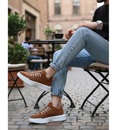 BA0332 Merdiven Desen Bağcıklı Erkek Yüksek Taban Taba Süet Beyaz Taban Spor Ayakkabı