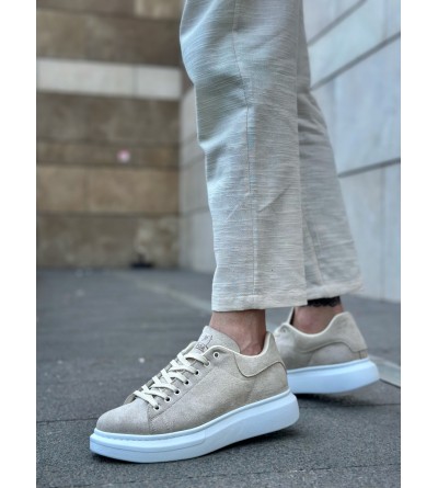 BA0547 BOA Kalın Yüksek Taban Krem Süet Bağcıklı Spor Erkek Ayakkabı